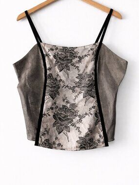 Vintage Amelia’s Silver Metallic Floral Cami Top M Velvet Trim Strappy Tank